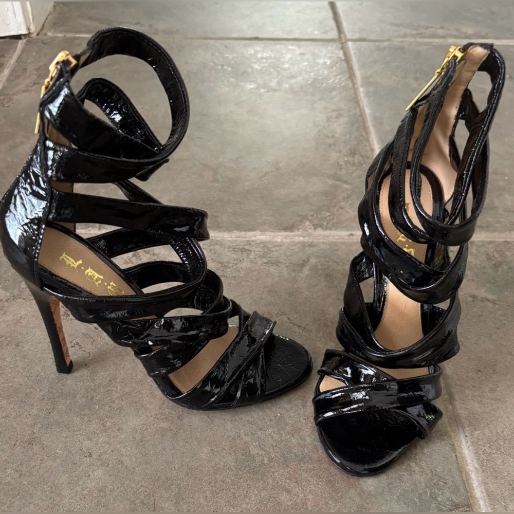 NEW L.A.M.B. Black Patent Strappy Heels